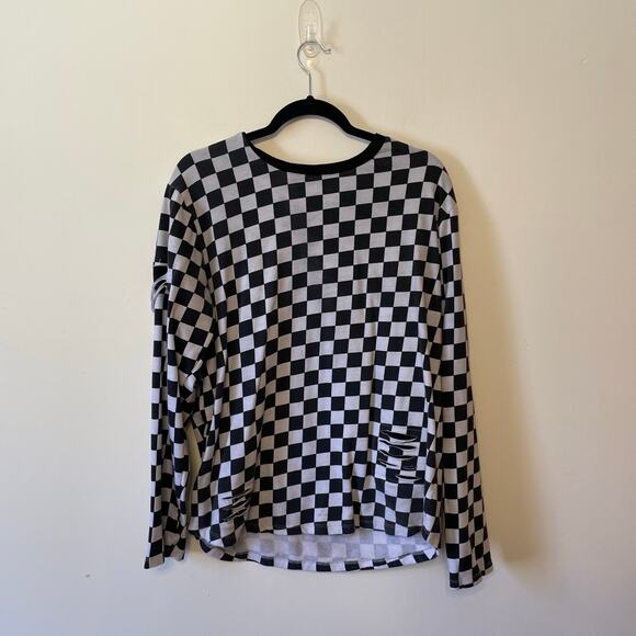 Carbon L long sleeve t-shirt Emo Punk checkered AOP rip slash black white - Picture 1 of 9